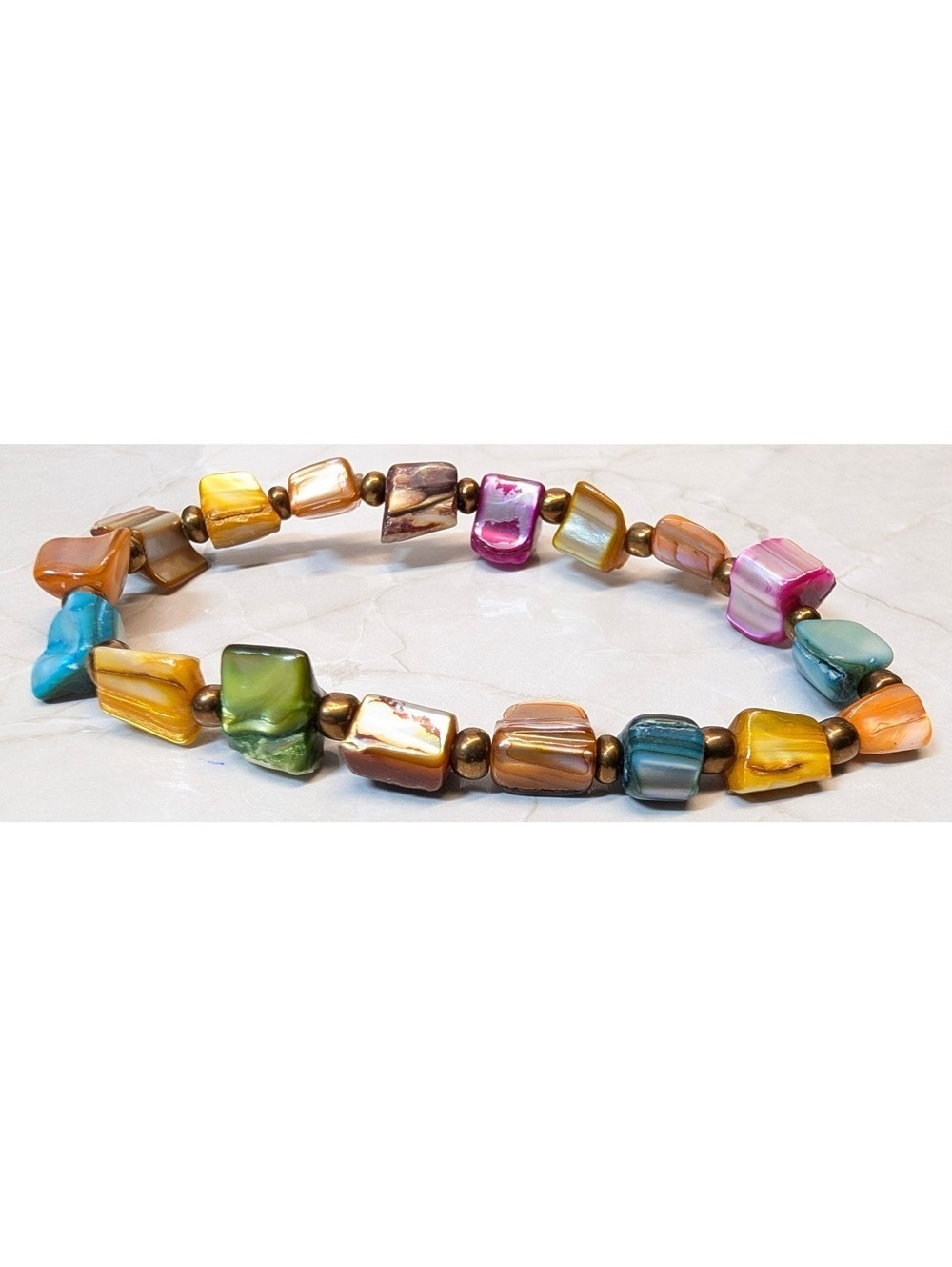 Vintage New Shell Bead Stretch‎ Bracelet Multi Iridescent Boho Coastal Statement